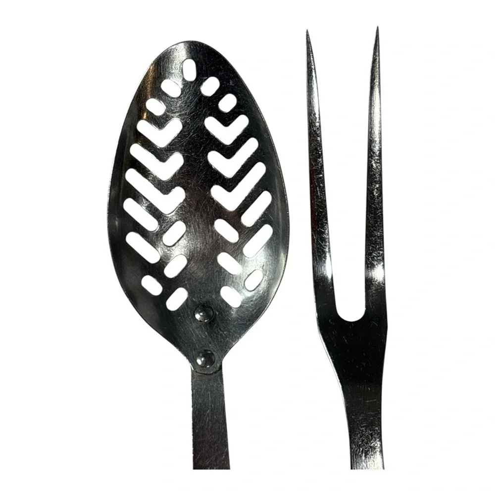 Vintage EKCO Stainless Vanadium Meat Fork Slotted Spoon Cooking Utensils Black